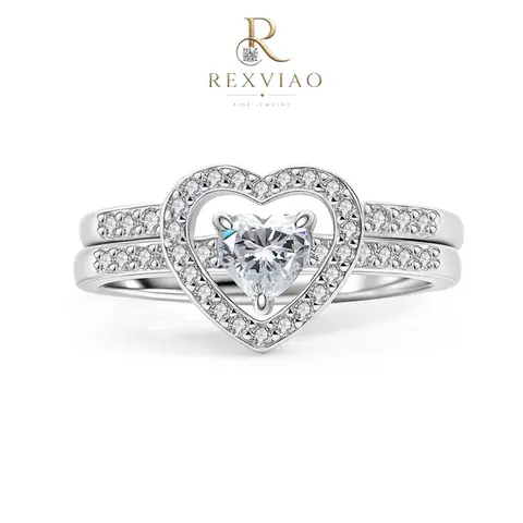 Rexviao Women's Beautiful Female Pave Combined Setting Exquisite Faux Gemstone Ring Set - 2-Piece Stackable, 5A Grade D-Color VVS1 Heart-Shaped Cubic Zirconia, Daily Wear & Wedding Anniversary Gifts, Sizes 5-10