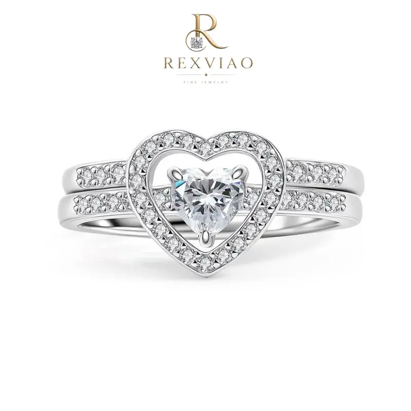 Rexviao Women's Beautiful Female Pave Combined Setting Exquisite Faux Gemstone Ring Set - 2-Piece Stackable, 5A Grade D-Color VVS1 Heart-Shaped Cubic Zirconia, Daily Wear & Wedding Anniversary Gifts, Sizes 5-10