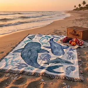 [Ship From US] Ocean Life Cotton Woven Blanket Tapestry – Coastal Nautical Throw, Made in USA, Soft Cozy Home Decor for Sofa Bed