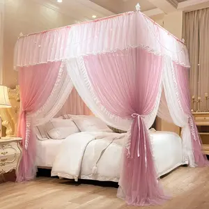 Bed Curtains with Lights,4 Corner Bed Luxurious Bed Drapes Netting,Bed Curtains for Girls Adults Bedroom Decoration (Pink, Queen)