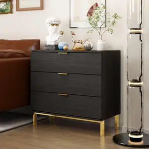 DiDuGo Black and Gold Nightstands Set of 2 Side Table Bedside Table 3 Drawer Dresser, Large Nightstand with Gold Metal Legs (31.5”w x 15.7”D x 29.7”H)