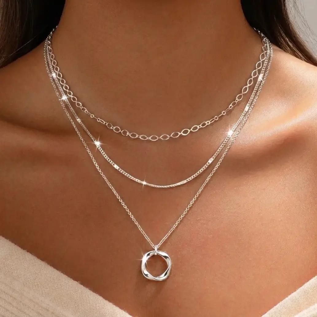 Sterling Silver Layered Necklace - Fashionable circular pendant design, suitable for parties, vacations, and gifting. Timeless Appeal Fine Jewelry Exquisite Jewelry