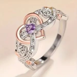 1 Creative New Luxury Wedding Ring with A Heart - Shaped Promise Ring, Inlaid with Shiny Purple Synthetic Cubic Zirconia, A Piece of Jewelry Suitable for Ladies