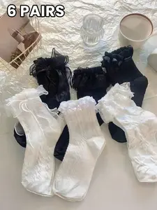 6 Pairs Lace Trim Mid-Calf Girl Socks, Everyday Sweet Cute Lolita Style, Aesthetic Mesh Bow Design, Soft Breathable Fabric, Perfect for Jk and Small Shoes