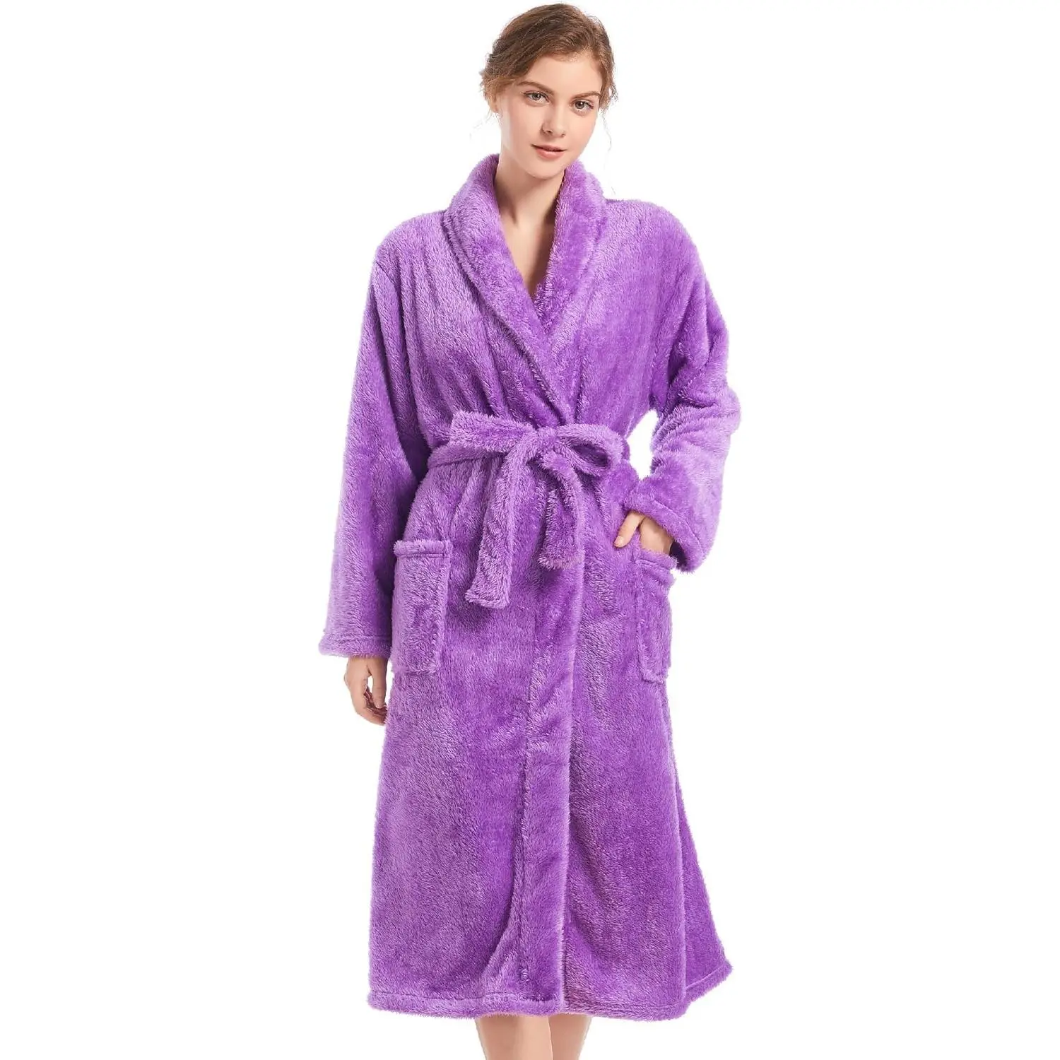 Women's Chic Plain Plush Fleece Dressing Gown - Soft Fluffy Robe Sleepwear, Elegant Loose-Fit Loungewear with Pockets for Sports & Outdoor Protective Gear Use
