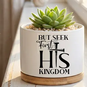 "Seek First His Kingdom" Religious Ceramic Succulent Planter with Bamboo Tray - Aesthetic Faith White Mini Pot Christian Gift for Women & Men - Decorative Flower Pot for Office Desk, Home Shelf & Bible Study Decor