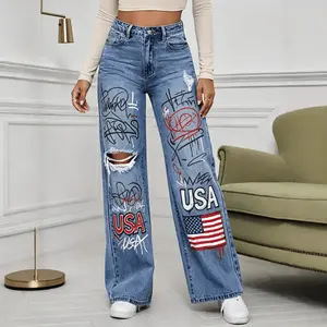 Graffiti High Waist Ripped Jeans |   250th Independence Day USA Streetwear IndependenceDay2026,Street graffiti,WorldCupUSA,PatrioticStreetwear,USAFlagJeans Pants Womenswear Bottom Outfit Polyester Style Viscose Denim Trouser Denim Trouser
