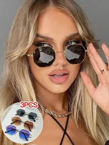 Three-Piece Set Style Luxury Metal Polygon Sunglasses, Trendy Sun Glasses, Women's Retro Gradient Lens Shades, Daily Commute Streetwear Driving Beach Sun Protection