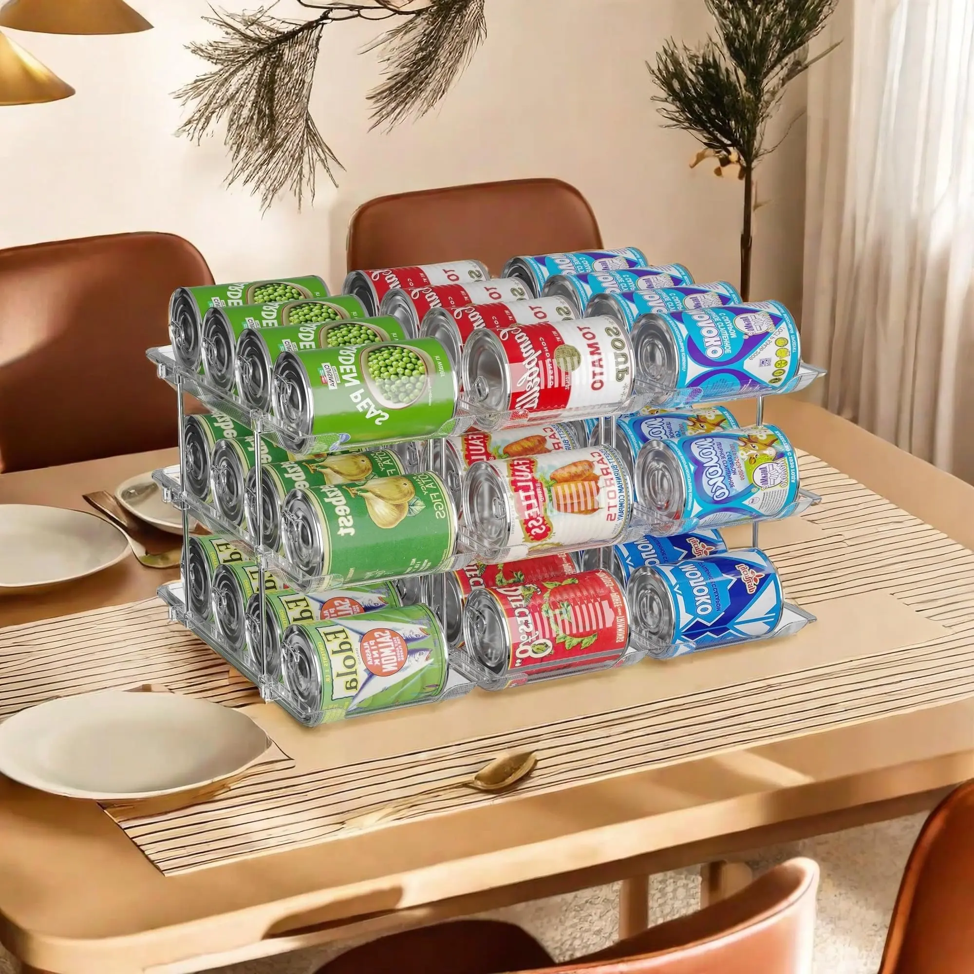 Can Organizer For Pantry, Adjustable Height And Width Canned Goods Organizer, Soup Can Rollers Organizer Holds Up to 48 Cans for Kitchen Cabinet or Refrigerator (CLear 4 Tier)