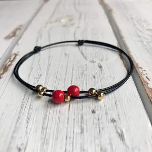 Pebbles, Red Beaded Black Anklet Gold Accents WA001799