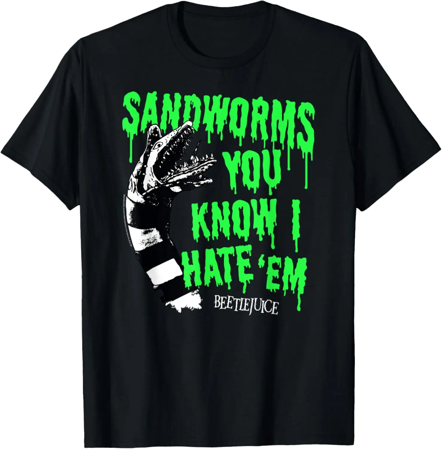 Women's 100% Cotton Short-Sleeve Crewneck (Round Neck) Everyday T-Shirt, Unisex Beetlejuice Sandworms "You Know I Hate 'Em" Funny Movie Tops, Shortsleeve, Unisex Cut, Vintage, Graphic Print, Whimsical Vibe, Crew Neck, Holiday