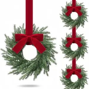 2/4 Piece Christmas Pine Wreath Set,10Inch Mini Wreaths with Bow & Wine Ribbon, Holiday Kitchen Cabinet Hanging Decorations, Christmas Ornaments