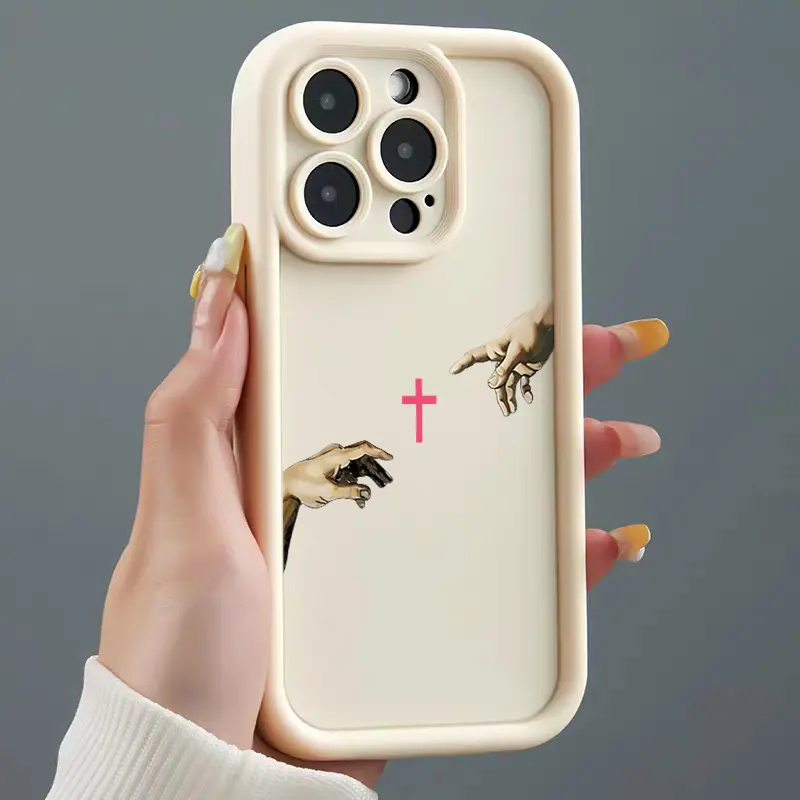 Adam Hands & Cross Illustration Print Phone Case Intricate Authentic Stitching Details Featuring A Thickened Soft Tpu Back And Raised Camera Step Design Blending Cloud-Like Comfort With Reliable Lens Protection For iPhone 17 16 15 14 13 12 11 X XS, Access