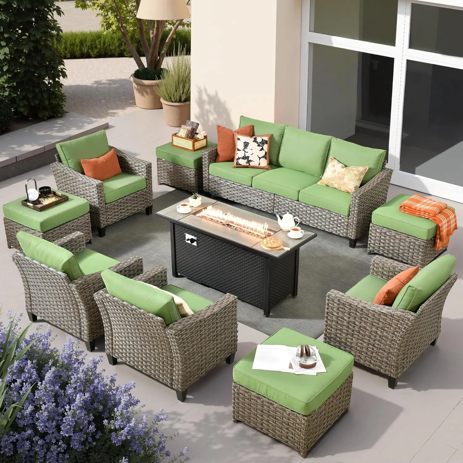 10-Piece Weatherproof Outdoor Patio Furniture Set with Fire Pit, Flexible Outdoor Furniture Sets for Backyard Use