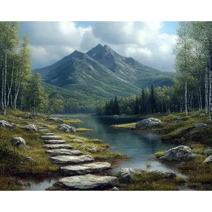 Trendy Poster-Peaceful Lake Mountains Landscape Oil Painting 20x16 Print On Canvas Decor Room Colorful Gifts Ornaments Decoration