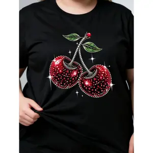 Casual Crew Neck Womens TShirt Featuring Cherry Fruit Circle Print and Loose Fit AllSeason Wearable Durable and MachineWashable,summervibes