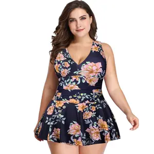 New plus-size women's two-piece conservative printed skirt swimsuit with boxer shorts