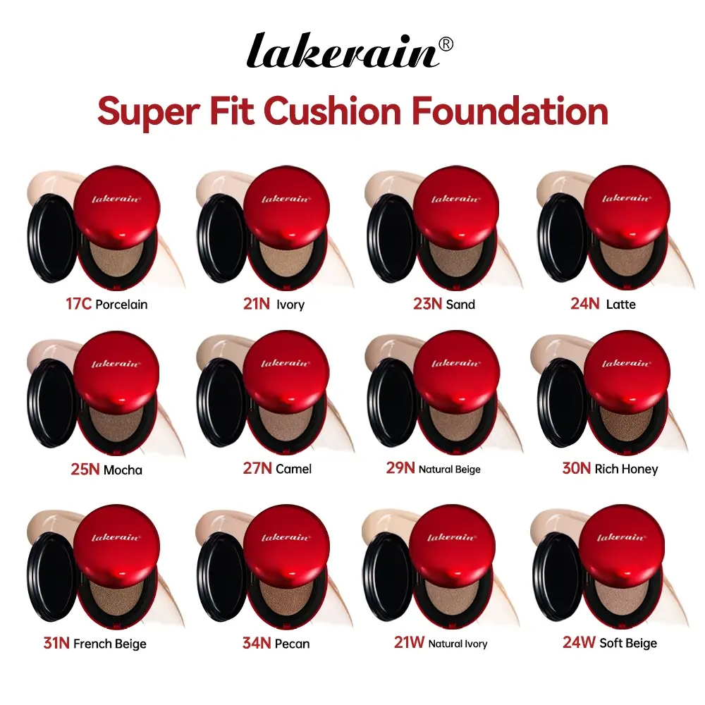 Lakerain Super Fit Cushion Foundation, Matte Makeup Cream, Lightweight Cosmetic, Natural Look, Natural Lightweight Concealing Base, Waterproof & Sweat-Proof, High-Coverage, Hydrating & Moisturizing, Semi-Matte Natural Finish, 12 Shades for All Skin Tones