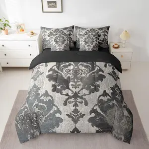Grey Black Damask Comforter Set with Sheets Gothic Antique Victorian Baroque 7 Piece Bedding Set for Girls Women Vintage Floral Bed in a Bag