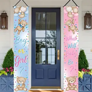 2D Flat Banner Door Sign Pair for Gender Reveal Party, and Blue Teddy Bear Design, Polyester Door Decoration, No Power Required