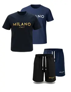 Milano Italy 2-Sets Men's Summer Set Black & Navy Short Sleeve T-Shirt & Shorts Casual Streetwear Outfit for Dates Getaways & Outdoor Activities - Summer Clothes Set, Clothes, Menswear