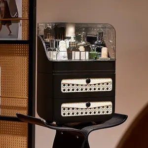 Vintage Rattan-Style Configurable Drawer Organizer With Dustproof Lid for Desktop Cosmetics & Everyday Items