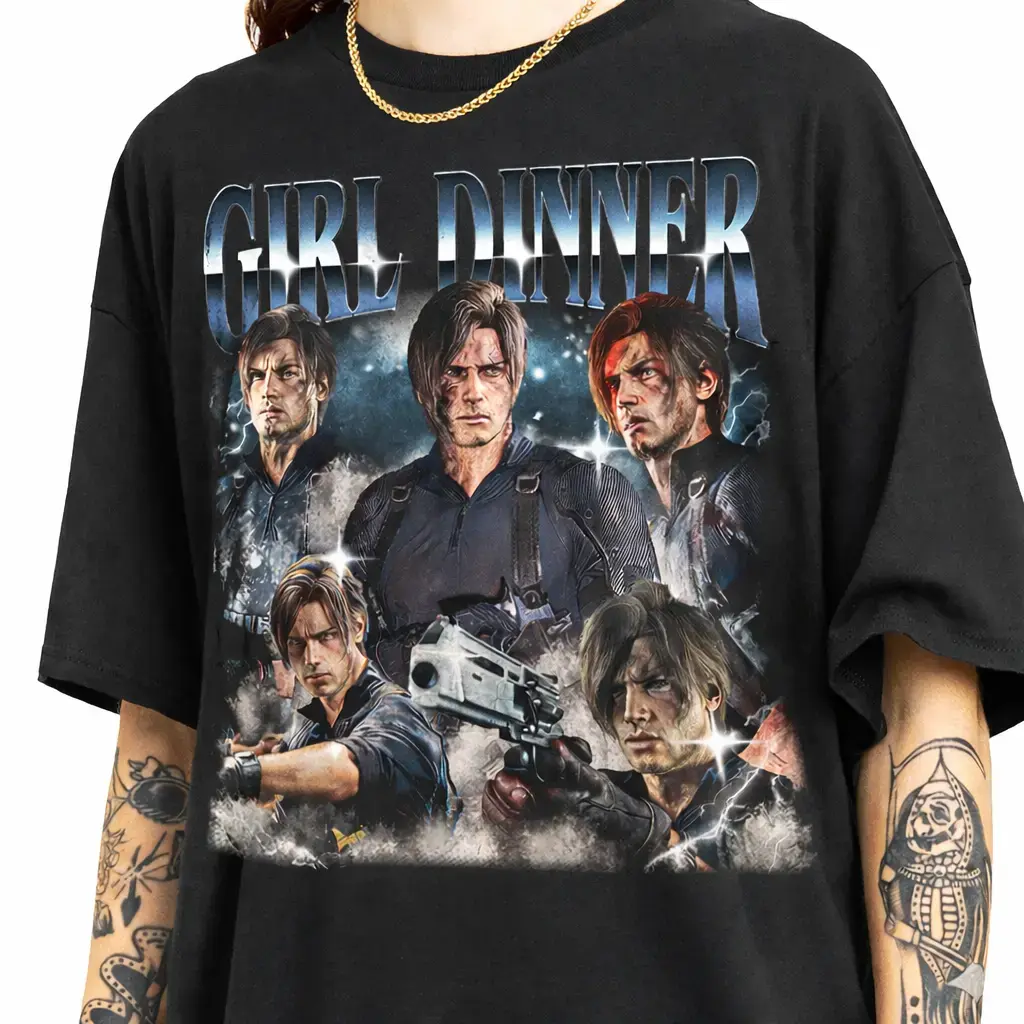 Women's Oversized Loose-Fitting Short Sleeves Graphic T-Shirt - Round Neck Leon Kennedy Resident Evil Character Print Unisex Cut Tops, Gift For Women