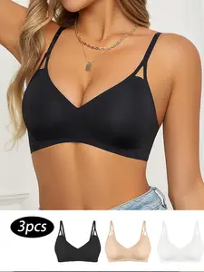 HICLOTH Chic Strappy Triangle Bra Women's Minimalist Style Wireless Non-Padded Trendy Cut-Out Design 3 PCS Set Womenswear fashion Everyday  Vneck Lingerie