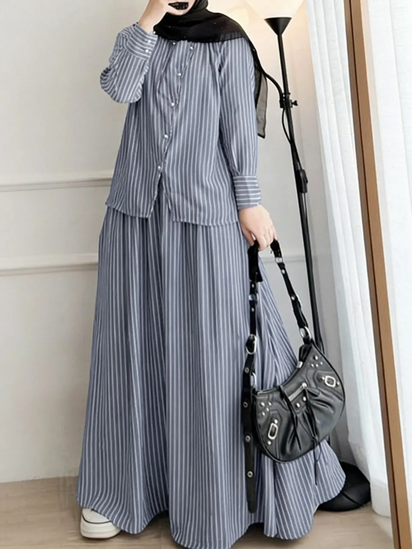 Women's Casual, Round Neck Long Sleeve Striped Tunic Shirt + High Waist A-Line Skirt, Loose-Fitting, Suitable for Daily Wear, Matching Outfits Set, Matching Set, Fashion Style Sets