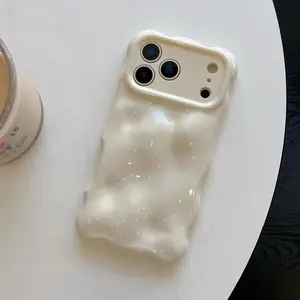 Phone Cases for iPhone 17 Pro 16 15 14 13 Pro Max Cute Silver Cover Wave Shape for iPhone Case Pretty Aesthetic 3D Phone Cover, Water Ripple Shell 3D Chrome Design for iphone 17 Pro Max Women and Girl, White