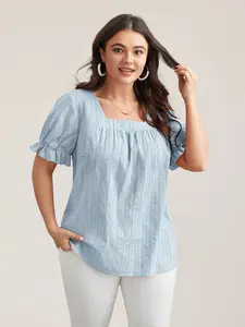 【Summer Turn-Up】【Neck-Lengthening】BlOOMCHIC Plus Size Cotton Square Neck Ruffled Sleeve Shirt - Elegant Everyday Fitted Top for Women Spring Summer Fashion Blouses Womenswear Basic Minimalist Orange Shortsleeve [1x-6x] 2026 Summer Pick for Mother's Day