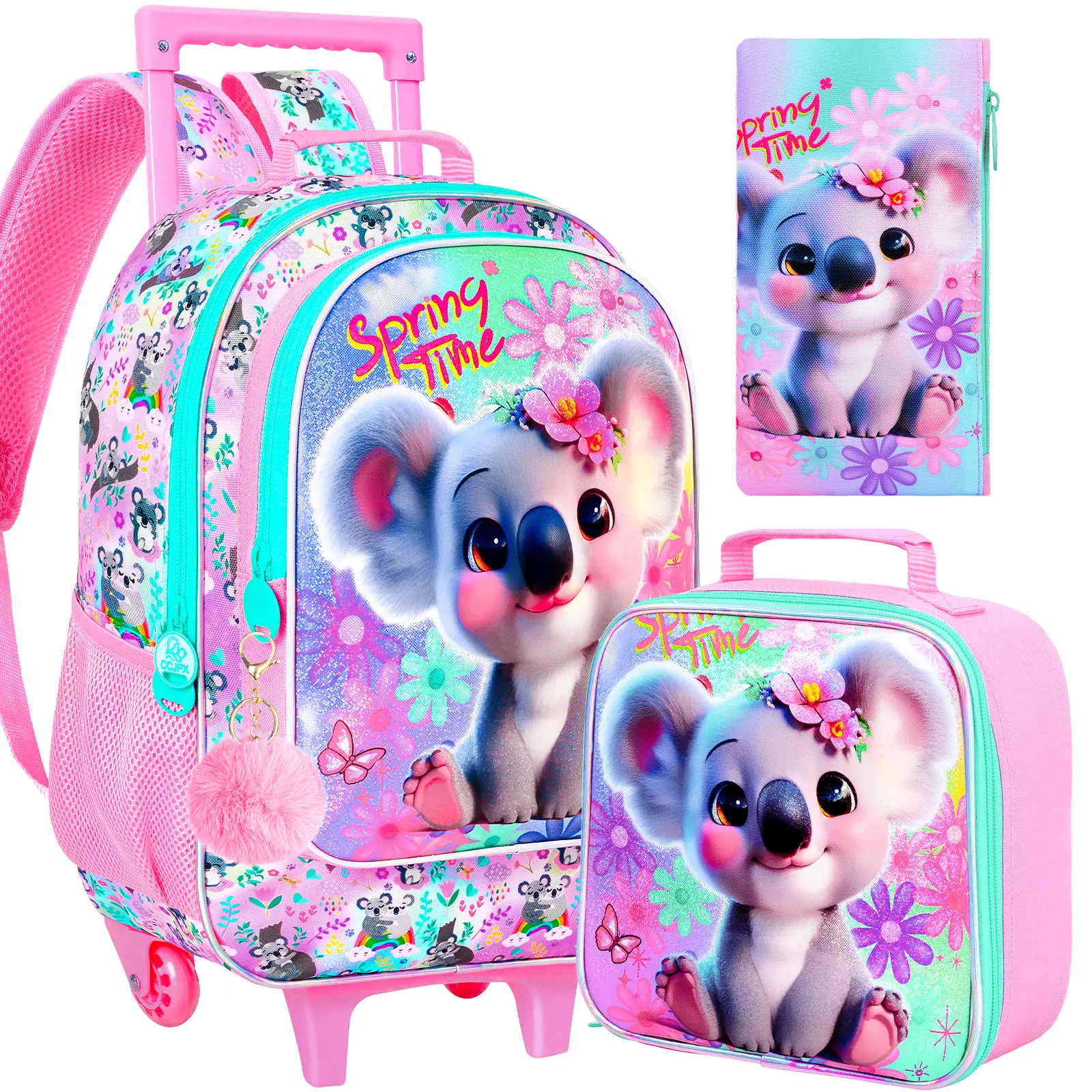 Rolling Backpack for Girls, 3PCS Kids Roller Bookbag with Lunch Bag, Wheeled School Bag for Children - Koala
