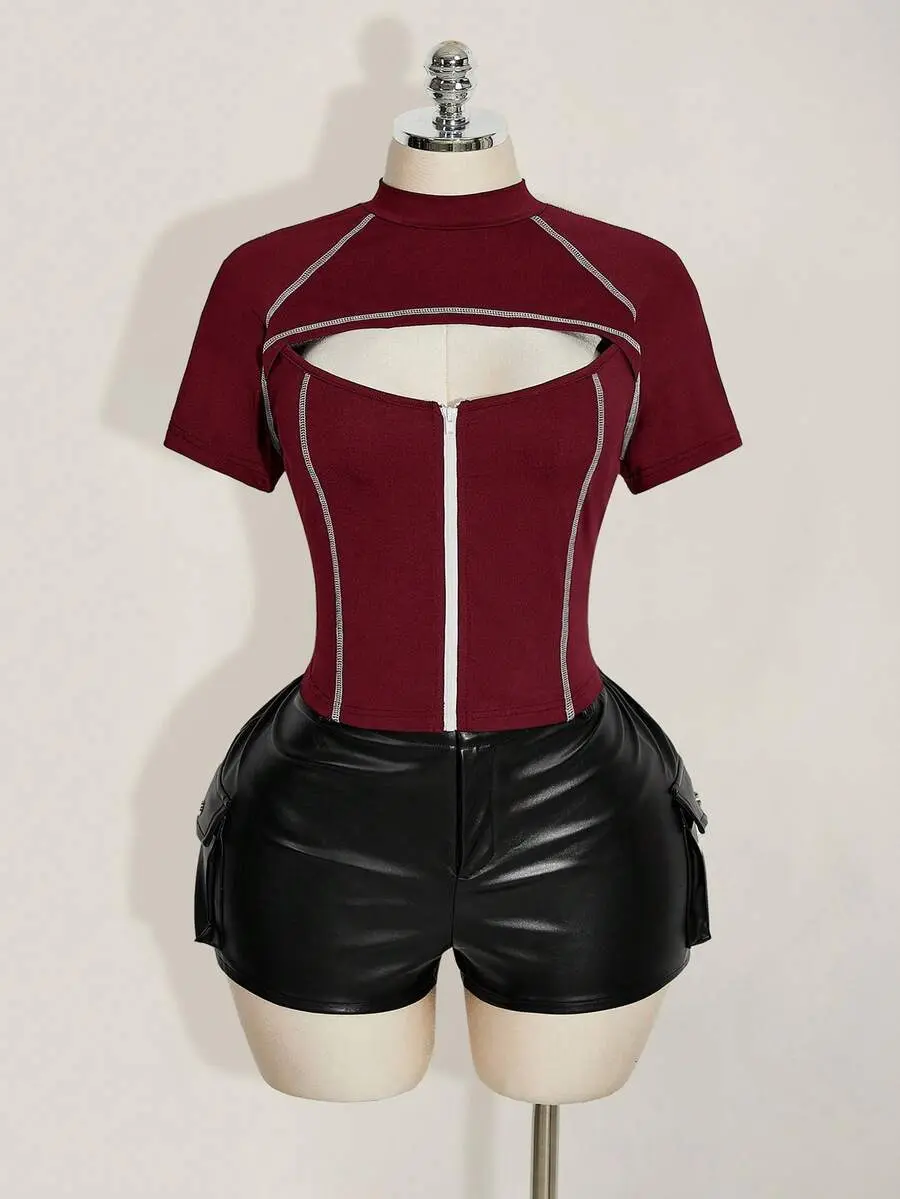 Plus Size Women's Contrast Stitching Hollow Out Zipper Short Sleeve T-Shirt