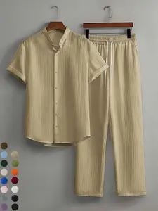 Men's Summer Casual Classic Long Sleeve Cuban Henley Shirt & Loose Pants Outfit Set, Perfect Beach Vacation, Comfortable Fashion Clothing