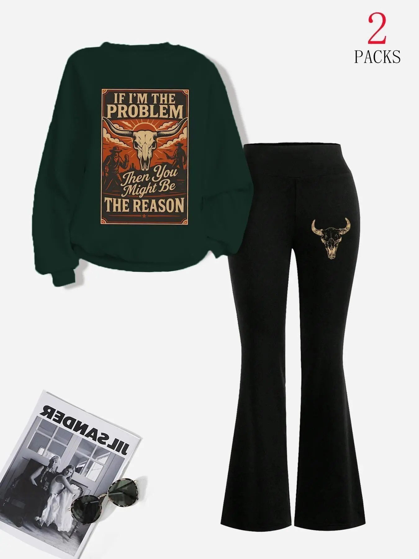 Women's 2-Piece Western Loungewear Set, Cream Print Sweatshirt + High-Waisted Pants, Retro Skull Pattern, Soft Fleece, Casual Streetwear Style