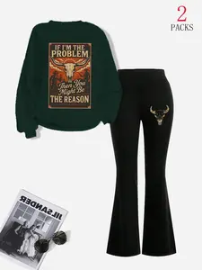 Women's 2-Piece Western Loungewear Set, Cream Print Sweatshirt + High-Waisted Pants, Retro Skull Pattern, Soft Fleece, Casual Streetwear Style