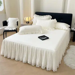 Queen Size 2 White Lace Ruffle Bedspread Sheet Only Washed Cotton Bed Sheet with Skirt, Beige