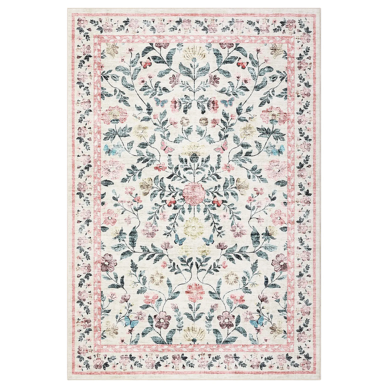 6x9 ft Blush Pink Pastel-Colored Low Pile Super Soft Polyester Imitation Cashmere Rectangular Area Rug, Floral Print, Foldable, Washable, Modern Soft Furnishing for Hallway, Bathroom, Low Pile Rugs, Super Soft Rug