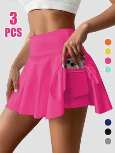 Women's 3 Piece Skirts 2 in 1 High Waist Sports Skirt Flowy Cheeky Short Skirts Gym Skirts Versatile Stretchy Flared Casual Mini Skirt Solid Pocket Design Skirt for Yoga Gym Workout Ladies Sportswear for Summer High Waisted Skirts Solid Color Skirt out