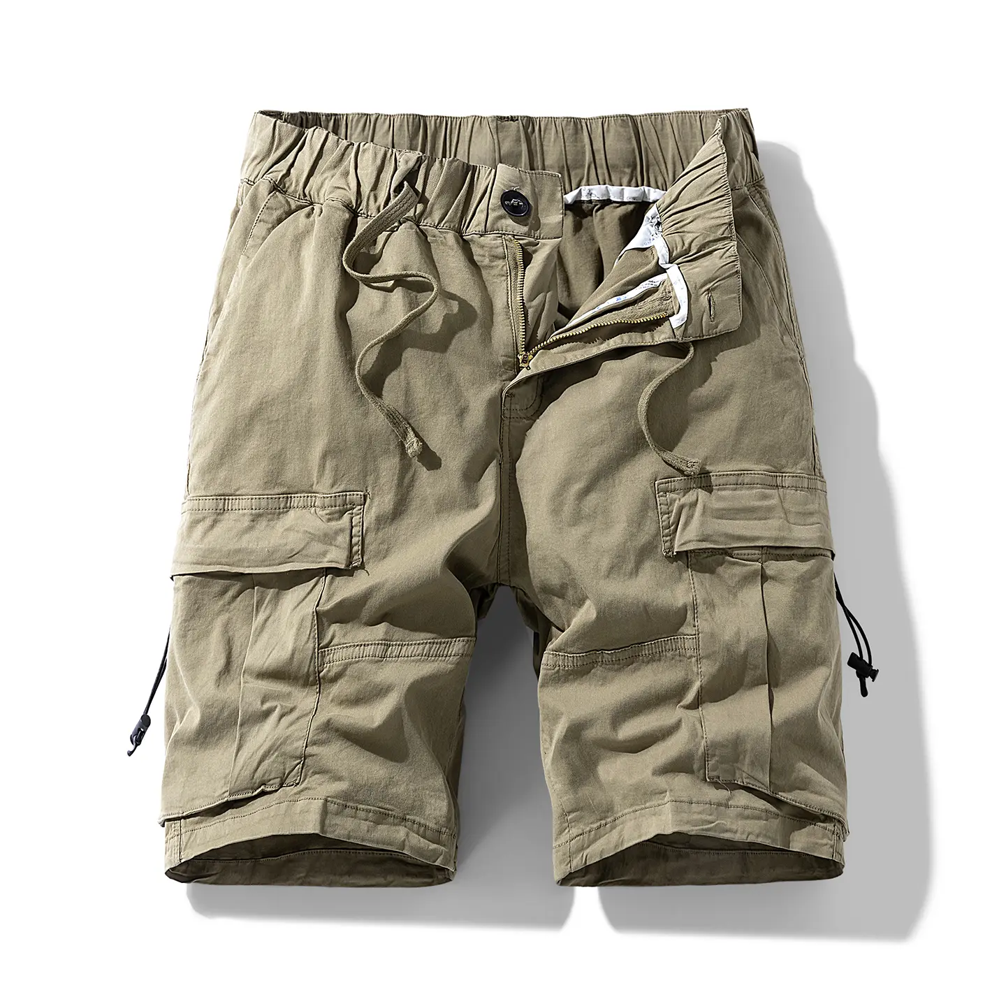 Men’s Black Cargo Shorts – Elastic Waist, Drawstring, Multiple Pockets, Adjustable Side Tabs, Casual Utility Shorts