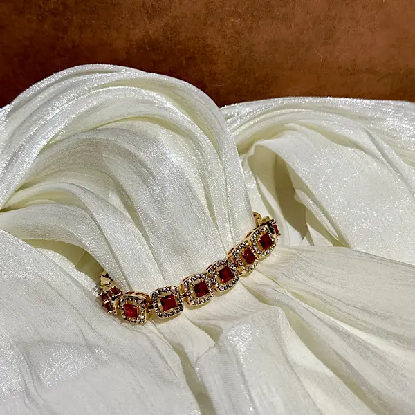 Women's Vintage Ruby Red Gold-Plated Tennis Bracelet - Princess Cut Crystal Cushion Halo, Crimson Bling Costume Jewelry for Birthday Gifting