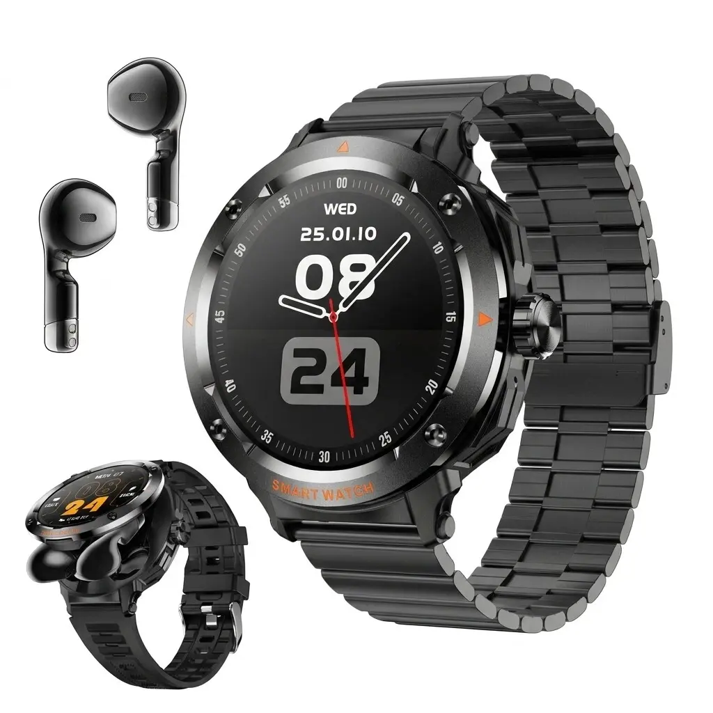 2 in 1 Smart Watch with Wireless Earbuds, 1.39 Inch HD Touch Screen Smartwatch, Bluetooth Call Message Reminder Music Player Fitness Tracker Sports Watch Compatible with iOS Android