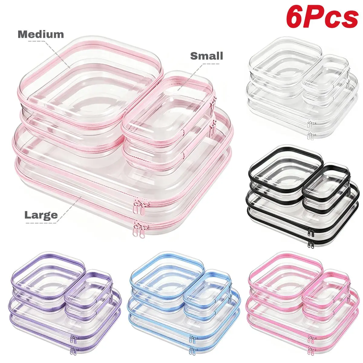 6Pcs White Pink Clear Hard Shell Zipper Case Plastic Zipper Pouches Transparent Makeup Bag for Tools Small Objects Girl Stuff Portable Travel Organizer Set Jewelry Box Toy Storage Bins Trinket Storage Organizer Box Large Medium Small