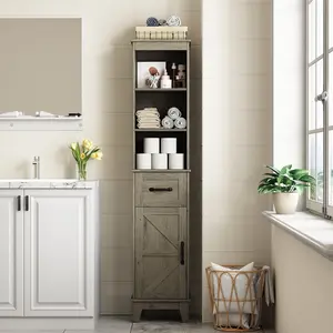 SEEDAY Tall Bathroom Storage Cabinet, Narrow Storage Cabinet, Freestanding Linen Cabinet with Barn Door and Drawer, Gray