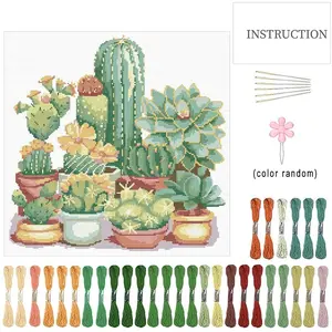 Cactus Pattern Embroidery Design Cross Stitch Kit, 1 Set DIY Cross Stitch Kit with Random Color Embroidery Tools, DIY Cross Stitch Supplies for Home Wall Decor