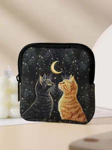 Cat Pattern Printed Coin Wallet, Multifunctional Storage Bag, Durable Polyester, Digital Printing, Key Card Holder, Ideal Gift