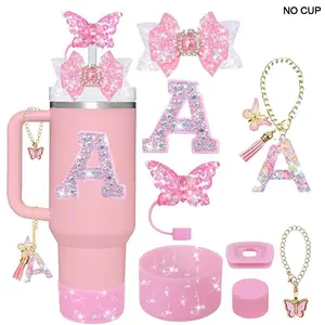 Letter A-z Butterfly Glitter Aesthetic Water Bottle Accessories Set, Including Tumbler & Chain & Keychain & Hair Tie & Bracelet & Sticker, Drinkware Accessories, Mug, Drink Protector