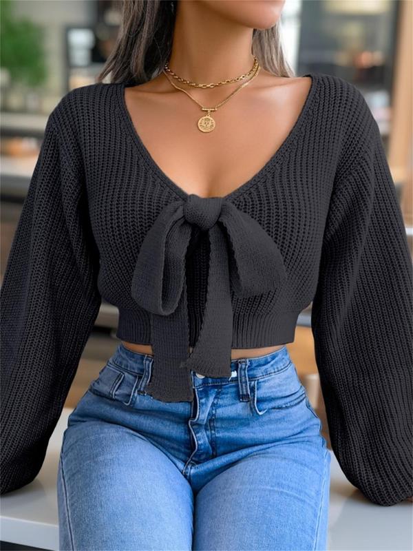 Women's Plain Bow Decor Tie Front Crop Sweater, Casual Chic Bishop Sleeve V Neck Jumper for Fall & Winter, Women's Knitwear for Daily Wear