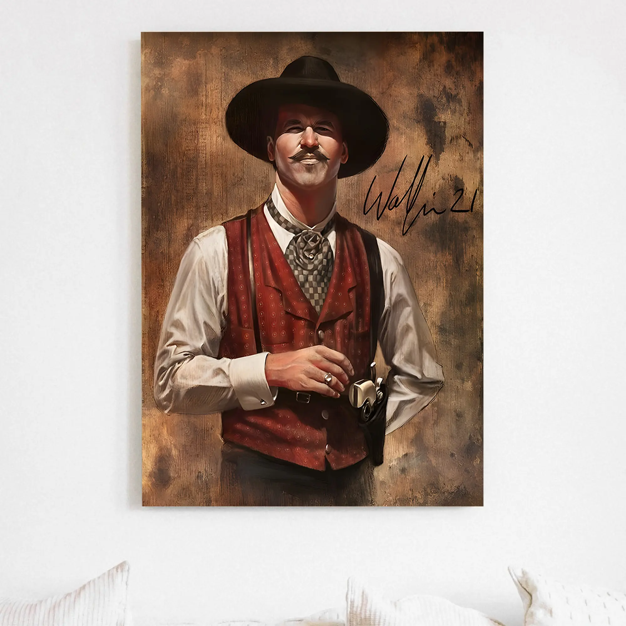 Vintage Doc Holliday Val Kilmer Autographed Unframed Poster - Artistic Western Cowboy Graphic Print Paintings, Waterproof Home Decor for Bedroom, Kitchen, Wardrobe, PVC Tube Packaged, Polka Dot & Houndstooth Accents