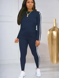 Women's Fitted Striped Print Knitted Long Sleeve Top & Pants Two-piece Set, Casual Fashion Cozy Round Neck Top & Trousers for Daily Everyday Outdoor Wear, Ladies Clothes for Spring Outfit, Striped Sets